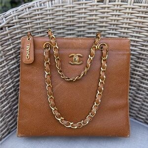 Authentic CHANEL camel brown caviar leather mini executive tote